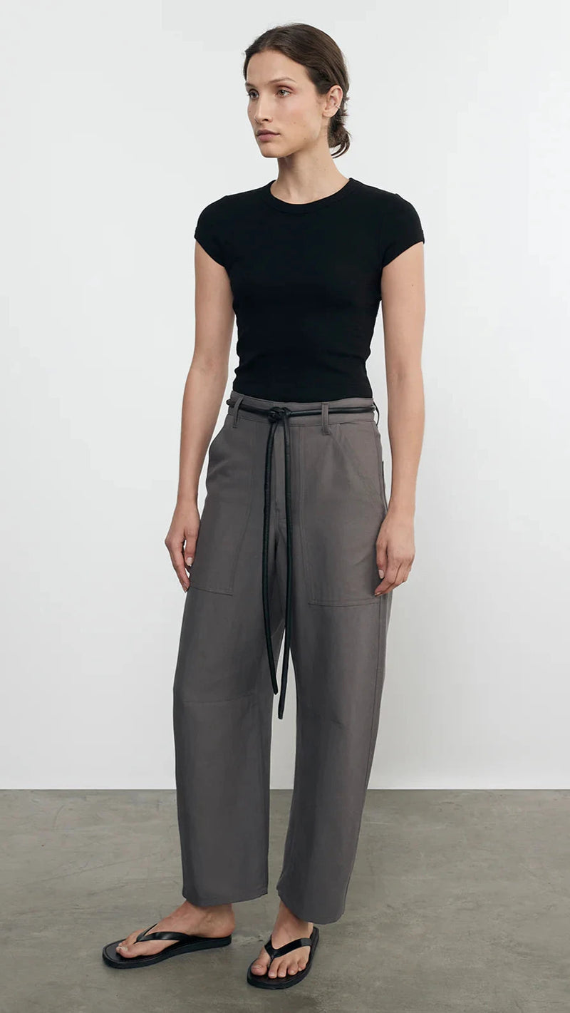 Enza Costa Textured Rib Cap Sleeve Crew Tee in Black