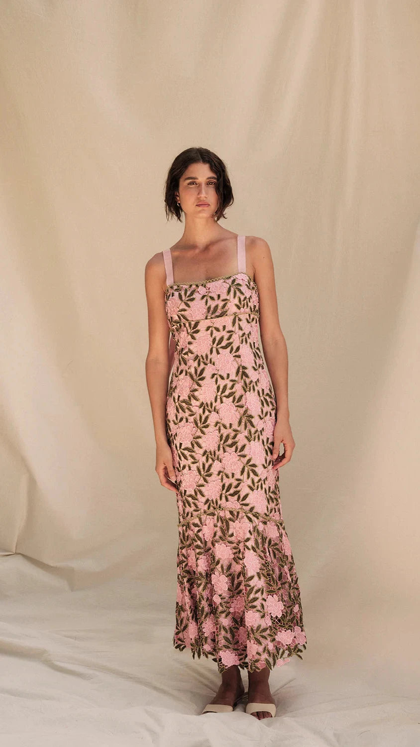 Saylor Sabella Rose Embroidery Midi Dress in Multi