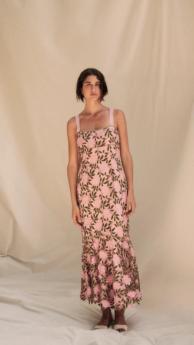 Saylor Sabella Rose Embroidery Midi Dress in Multi