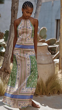Misa Samantha Silky Halter Maxi in Matcha