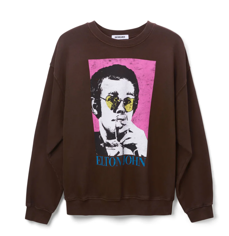 DAYDREAMER Elton John Heart Glasses Sweatshirt in Coffee
