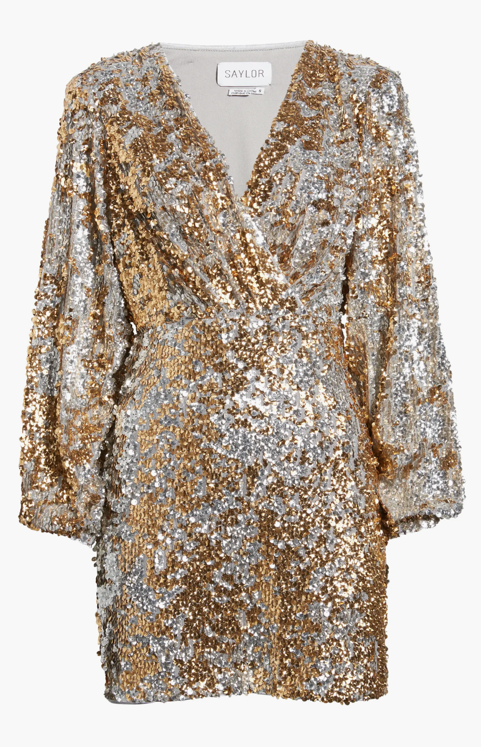 Saylor Rina Sequin Long Sleeve Mini Dress in Silver/Gold
