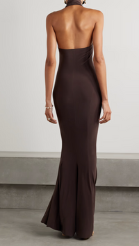 Norma Kamali Turtle Neck Halter Fishtail Gown in Chocolate