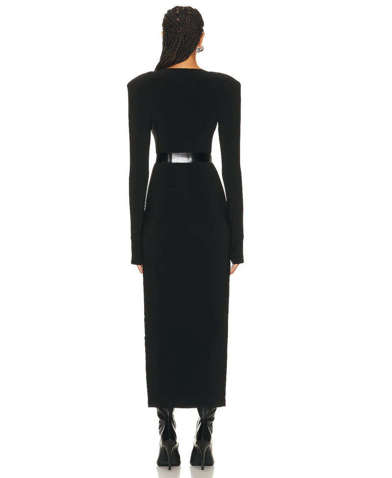 Norma Kamali Long Sleeve Shoulder Pad Side Slit Gown in Black