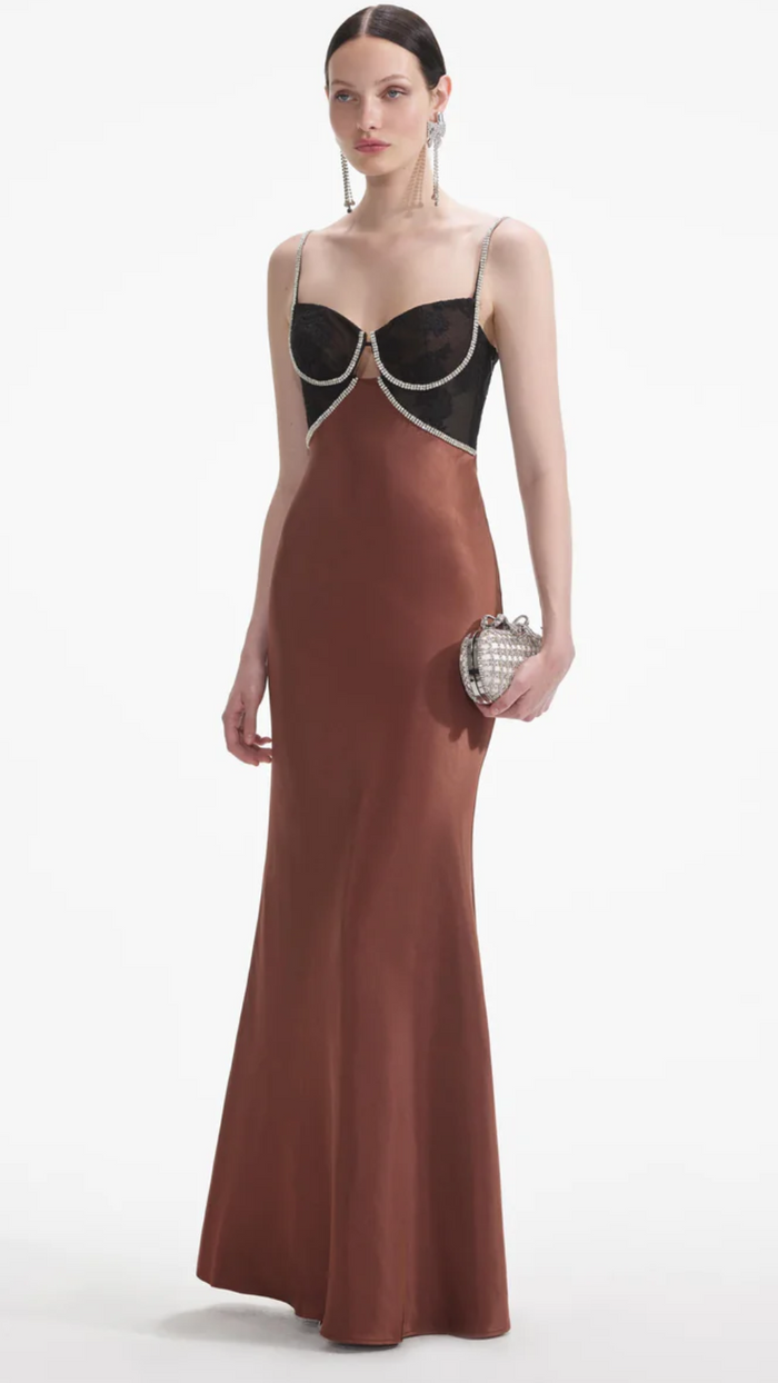 Self Portrait Satin Diamante Gown in Brown