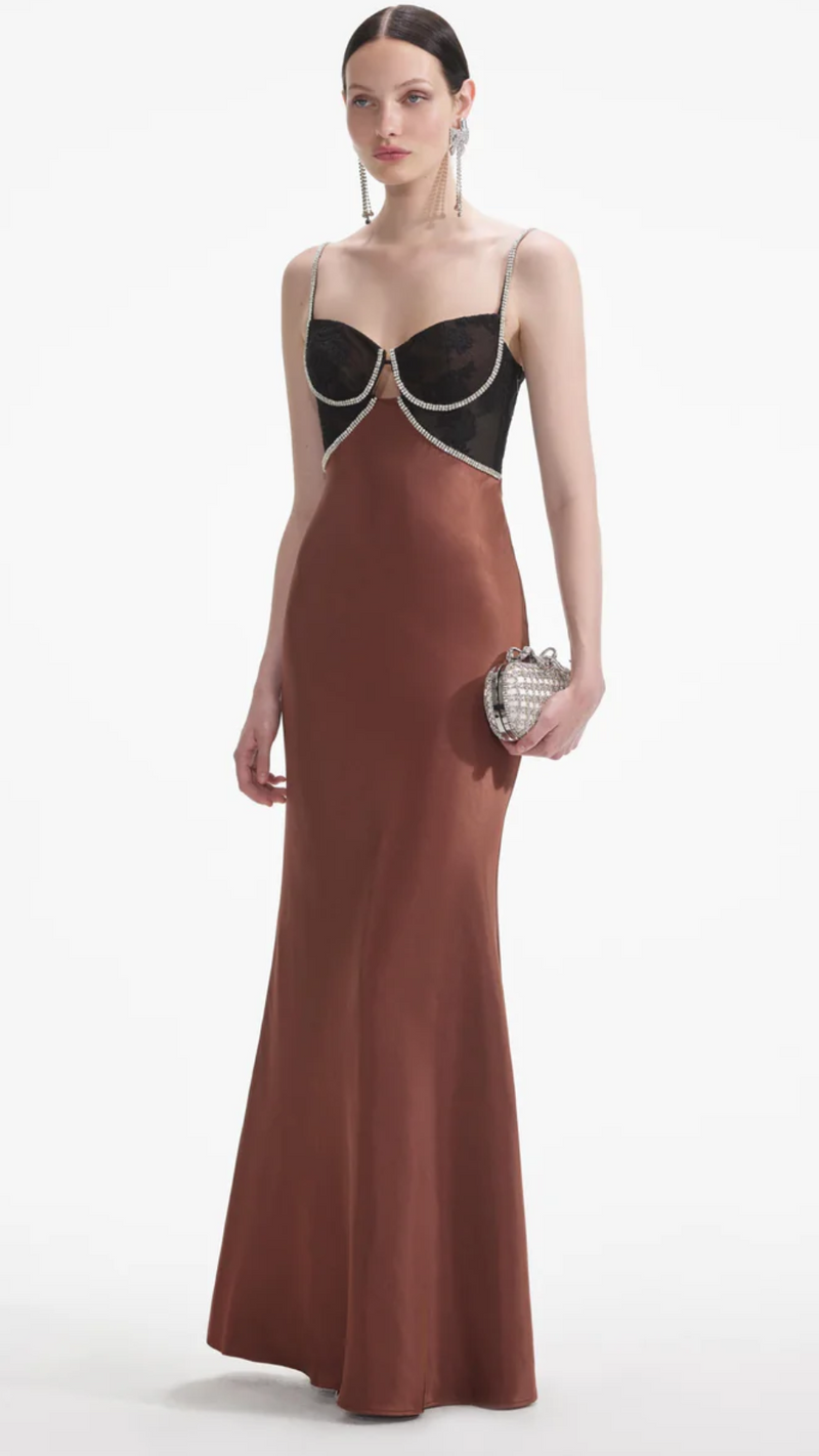 Self Portrait Satin Diamante Gown in Brown