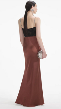 Self Portrait Satin Diamante Gown in Brown