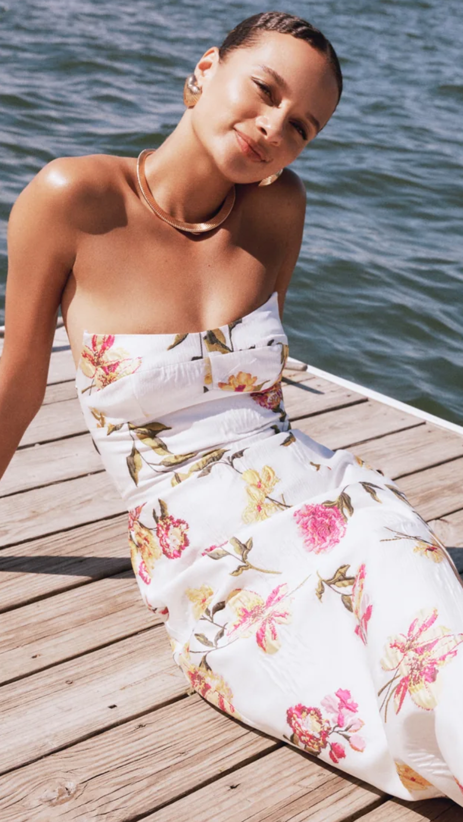 Amanda Uprichard Ivy Strapless Midi Dress in White Multi