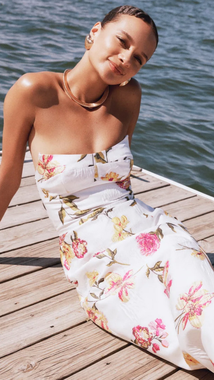 Amanda Uprichard Ivy Strapless Midi Dress in White Multi
