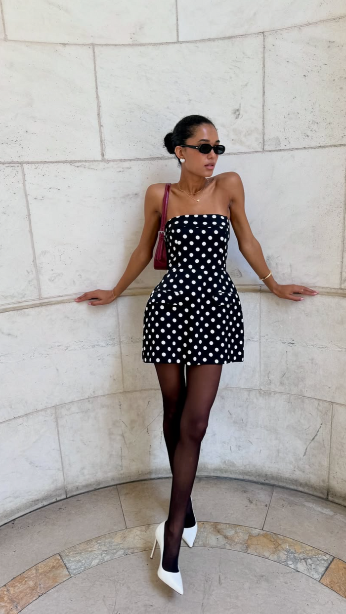 Amanda Uprichard Lucienne Strapples Skort Romper in Black/Ivory Polka Dot