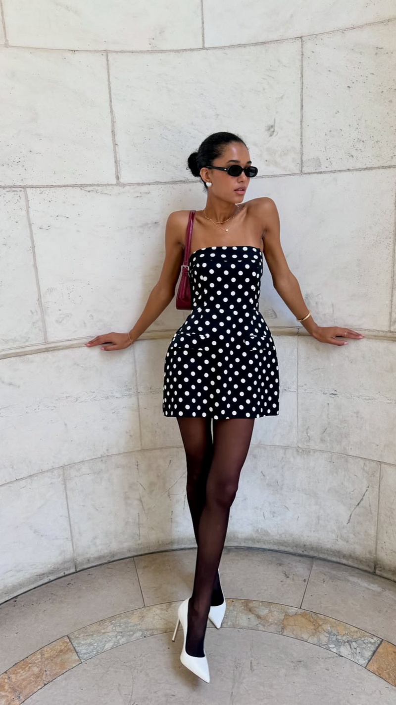 Amanda Uprichard Lucienne Strapples Skort Romper in Black/Ivory Polka Dot
