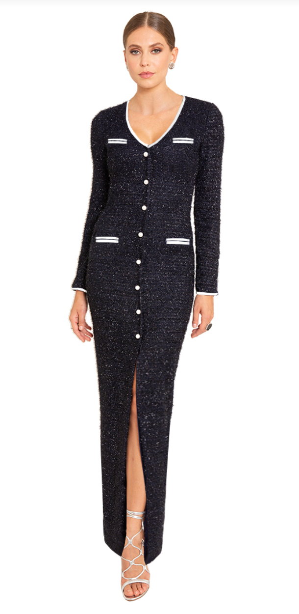 Black Halo Koa Long Sleeve Fuzzy Pearl Dress in Navy Suite 201 Black Halo Koa Long Sleeve Fuzzy Pearl Dress in Navy Suite 201