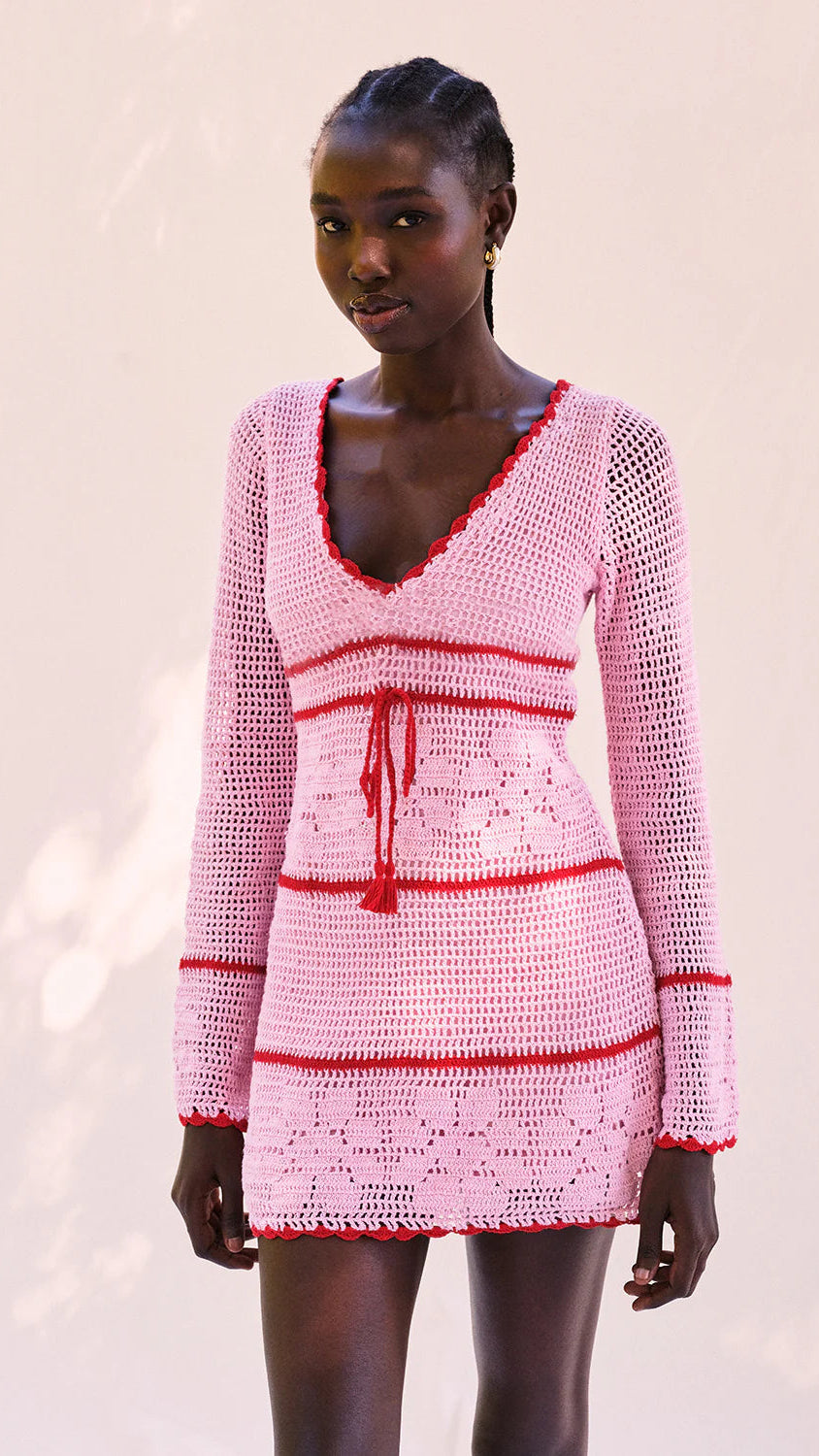 Saylor Stephanie Long Sleeve Crochet Mini Dress in Pink/Red