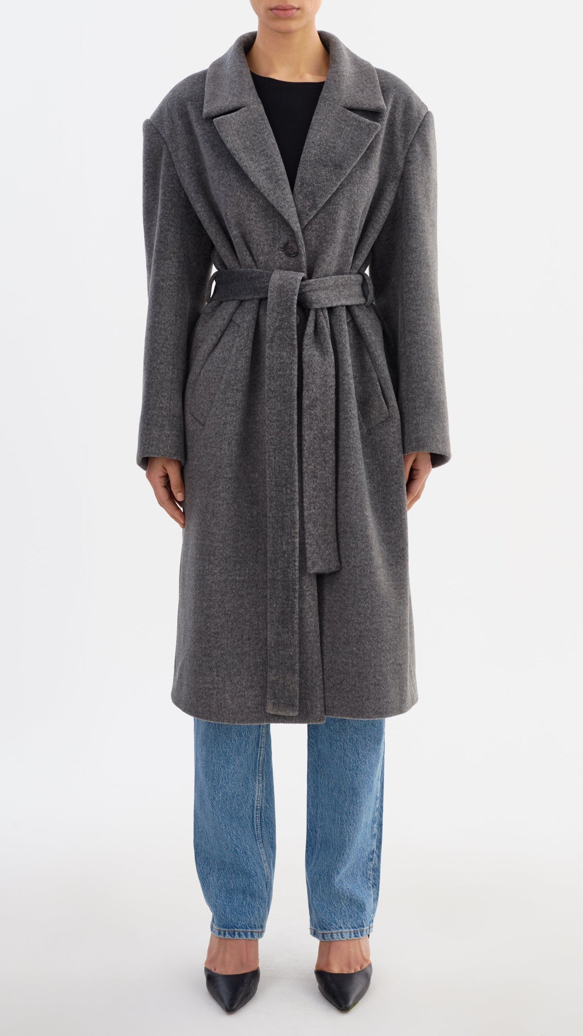 Lamarque Tillie Brushed Wool Belted Coat with Faux Fur Trim in Heather Dark Grey