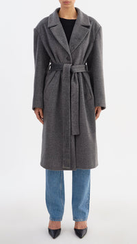 Lamarque Tillie Brushed Wool Belted Coat with Faux Fur Trim in Heather Dark Grey
