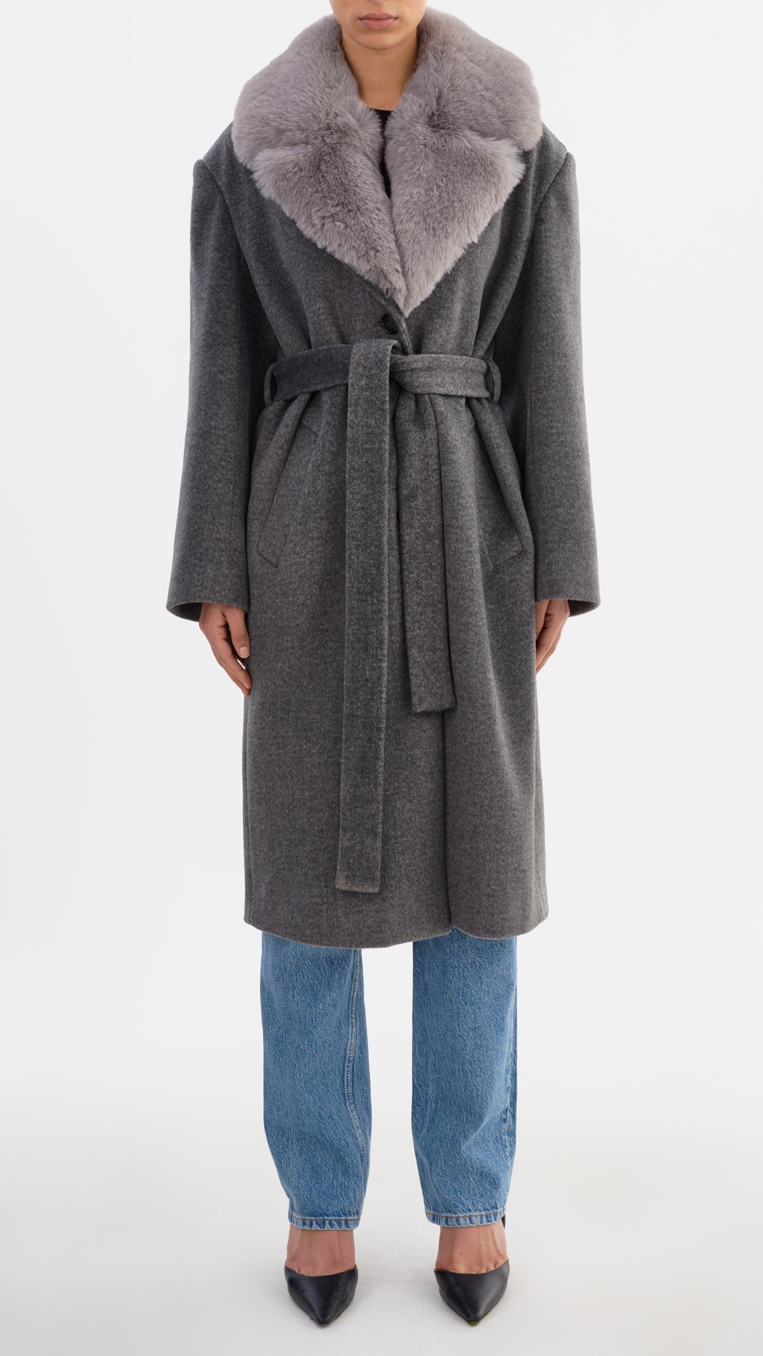 Lamarque Tillie Brushed Wool Belted Coat with Faux Fur Trim in