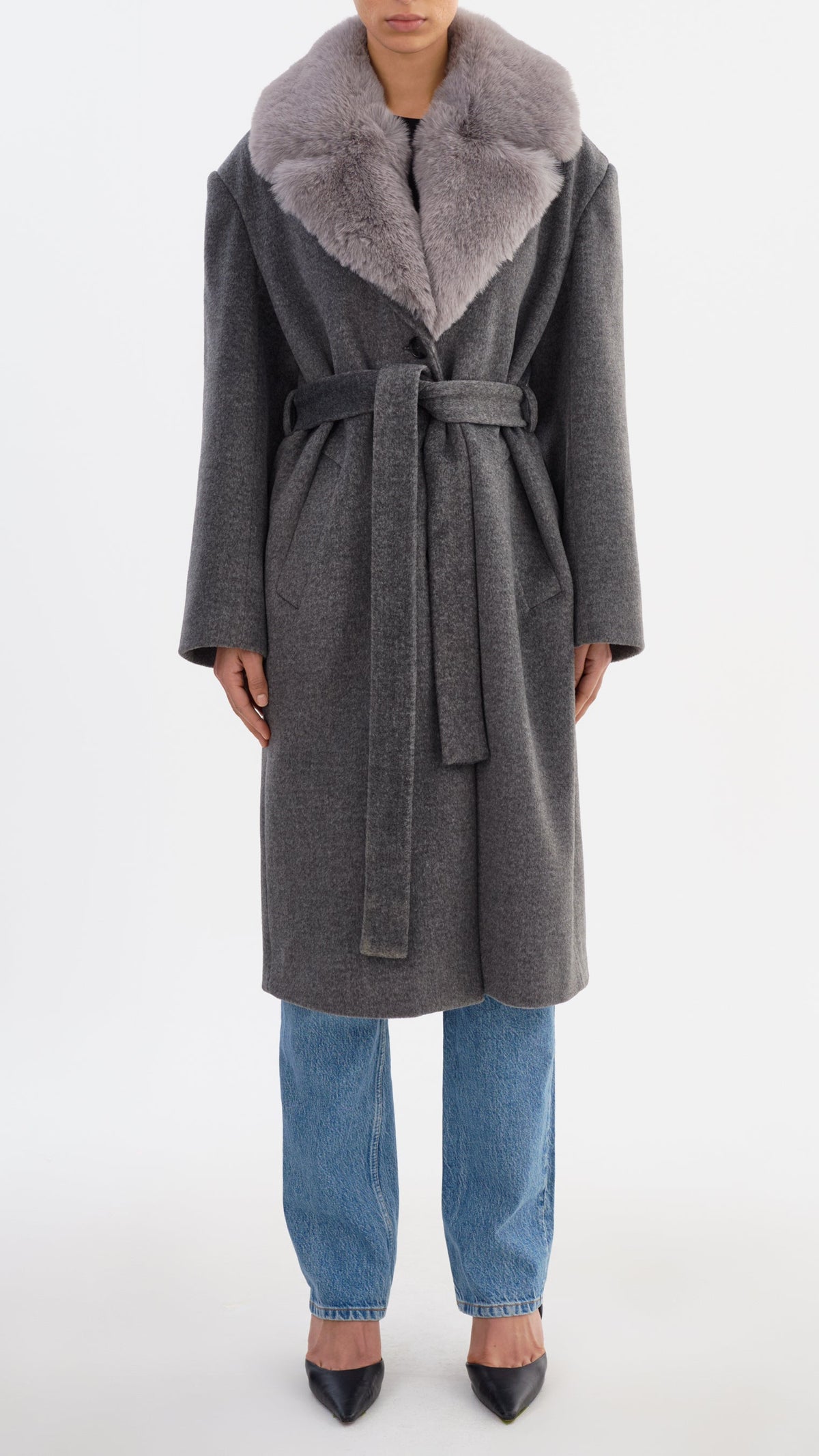 Lamarque Tillie Brushed Wool Belted Coat with Faux Fur Trim in Heather Dark Grey