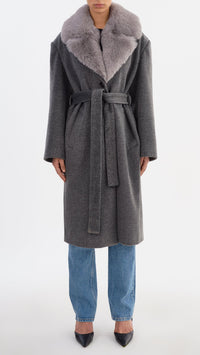 Lamarque Tillie Brushed Wool Belted Coat with Faux Fur Trim in Heather Dark Grey