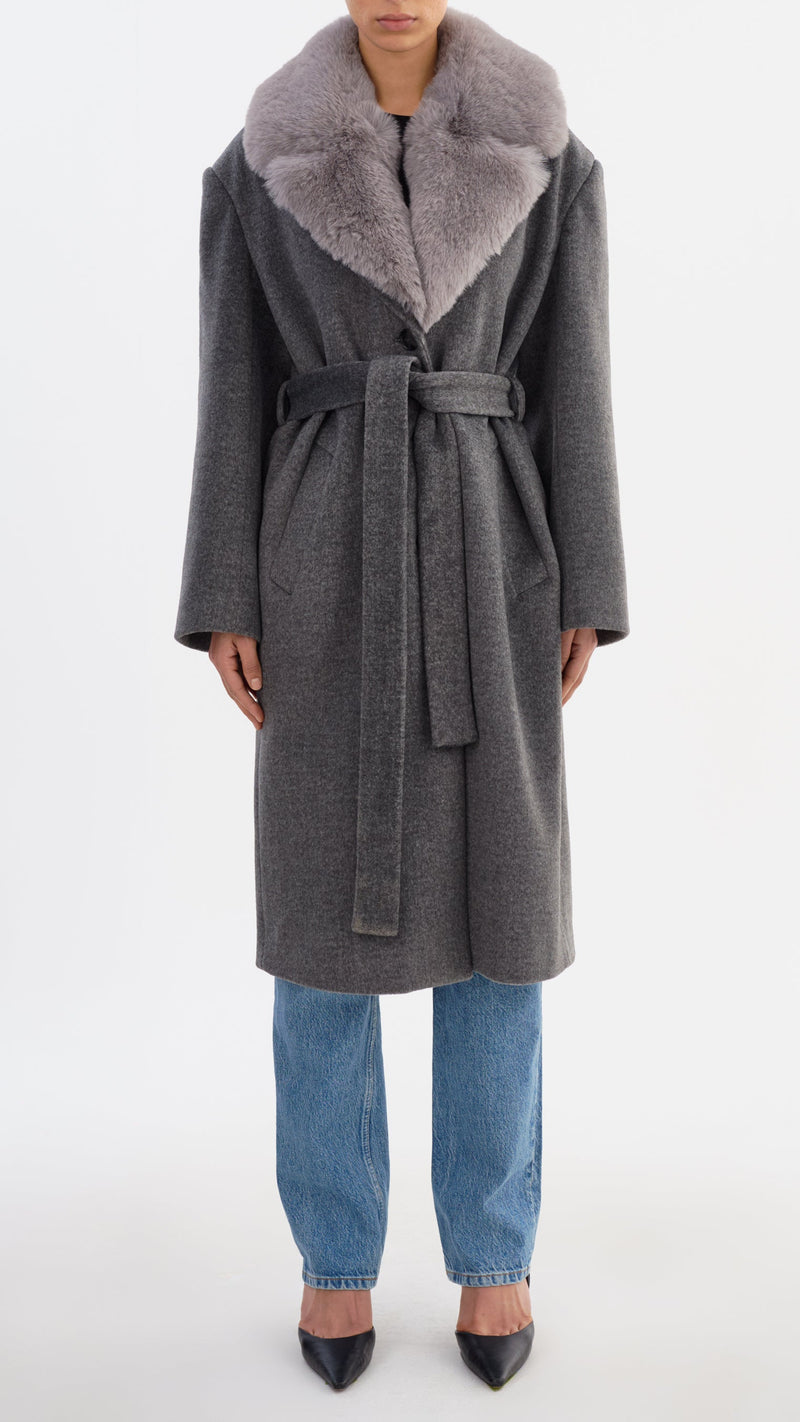 Lamarque Tillie Brushed Wool Belted Coat with Faux Fur Trim in Heather Dark Grey