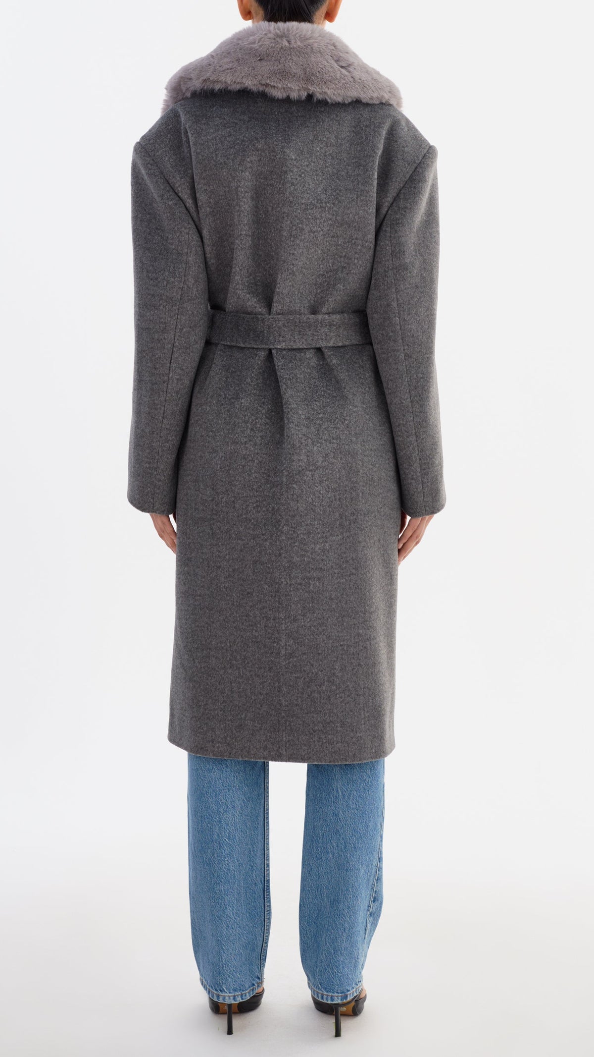 Lamarque Tillie Brushed Wool Belted Coat with Faux Fur Trim in Heather Dark Grey