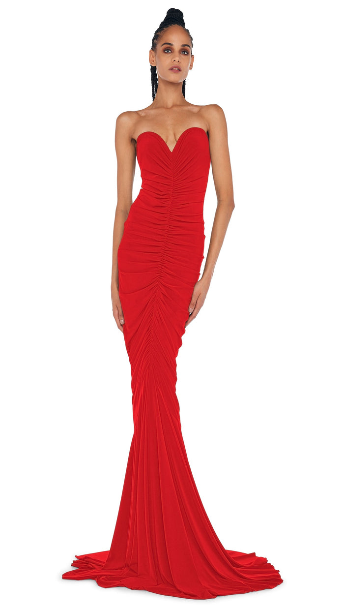 Norma Kamali Strapless Shirred Front Fishtail Gown in Tiger Red