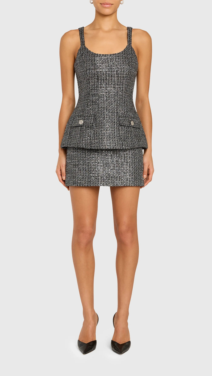 Amanda Uprichard Empire Tweed Dress in Black/Silver
