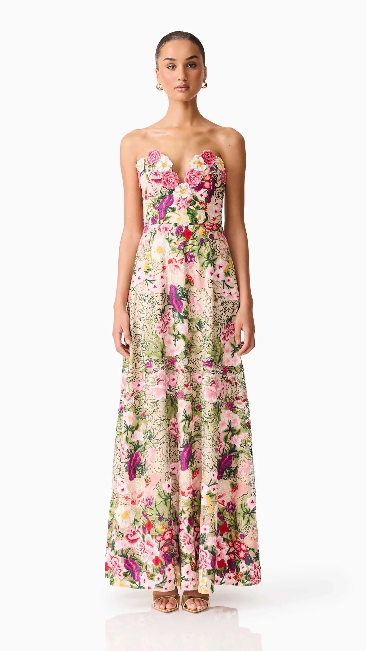 Elliatt Flora 3D Strapless Gown in Pink & Green Floral