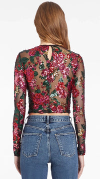 Amanda Uprichard Costella Sequin Top in Noir Dahlia Floral