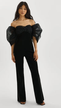 Lamarque Vladana Faux Leather Sheer Sleeve Jumpsuit in Black