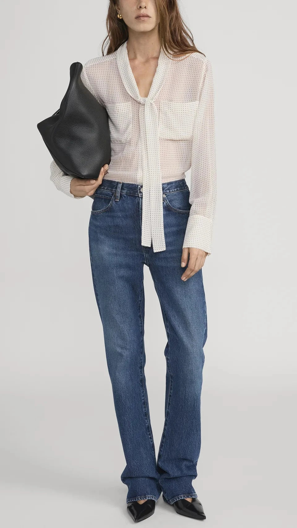 Frame The Polka Dot Modern Tie Blouse in Ecru Multi