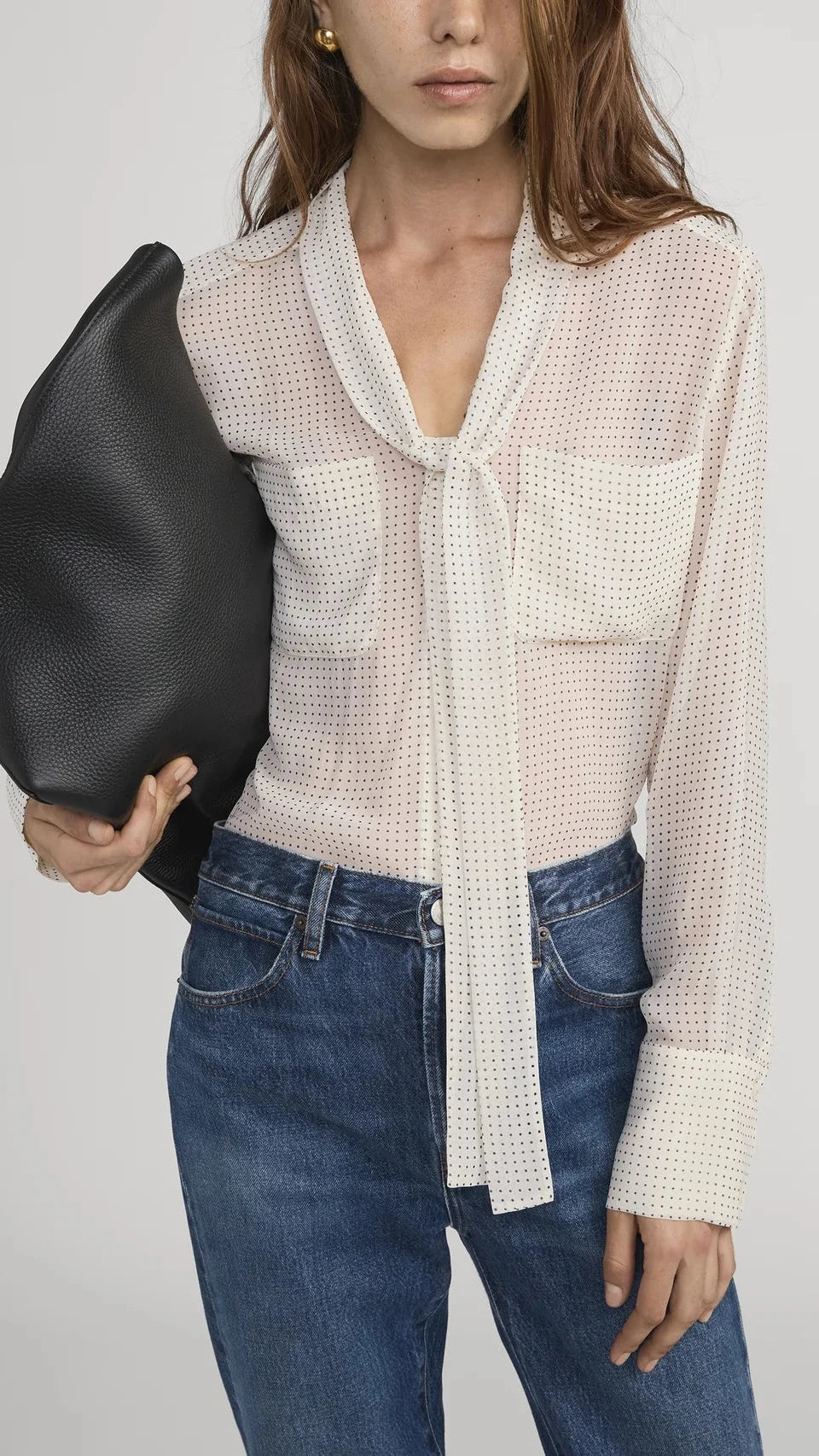 Frame The Polka Dot Modern Tie Blouse in Ecru Multi