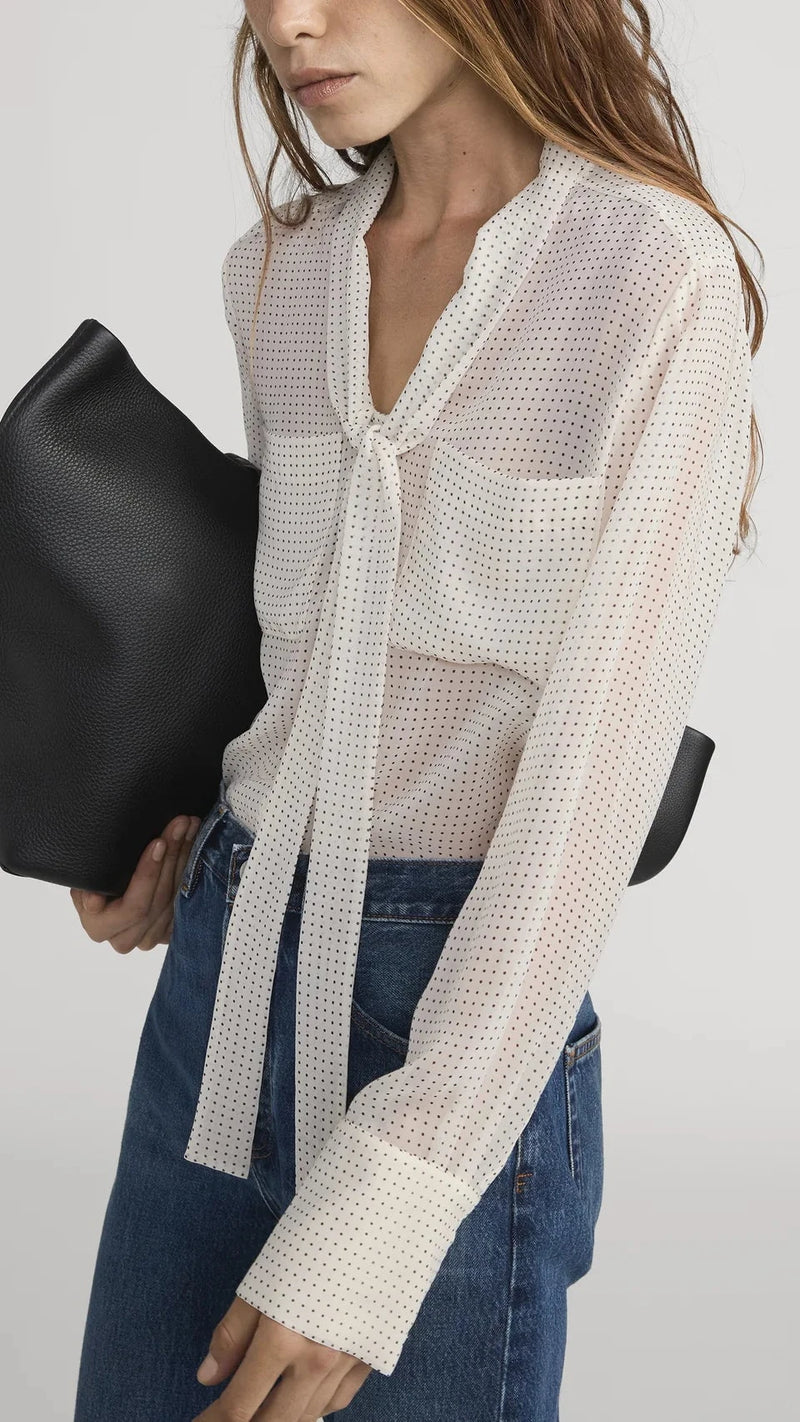 Frame The Polka Dot Modern Tie Blouse in Ecru Multi
