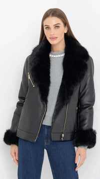 Generation Love Walt Faux Fur Shearling Moto Jacket in Black