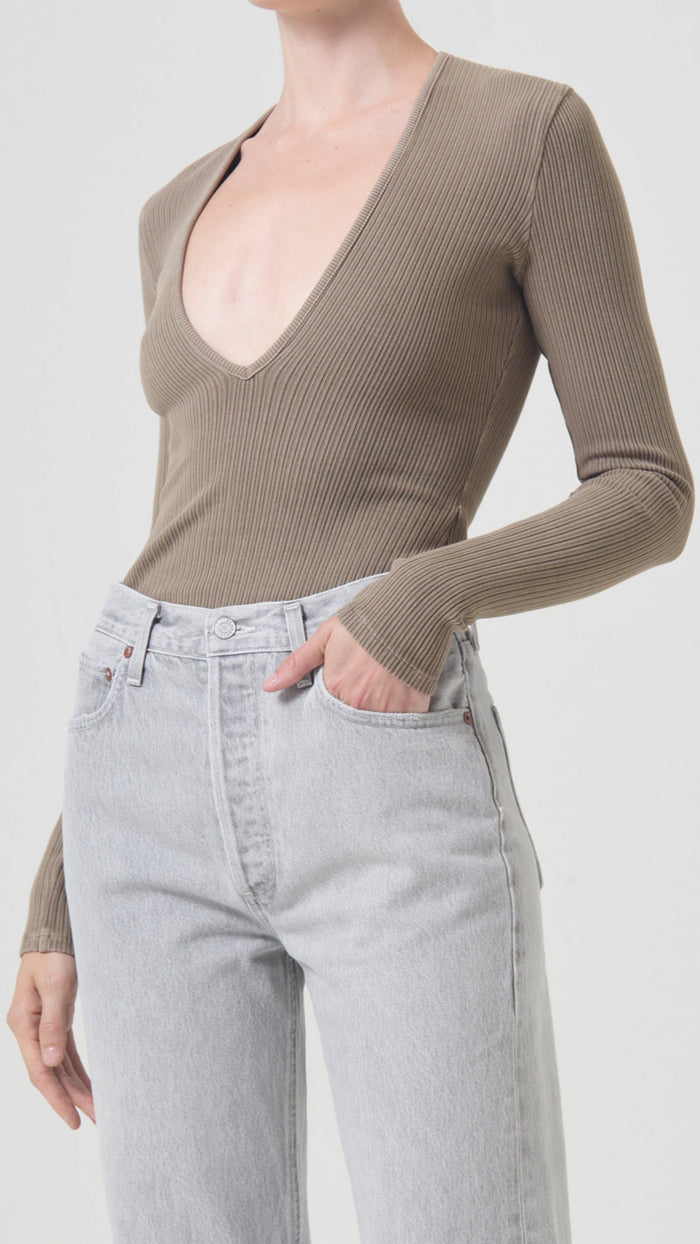 AGOLDE Denim Zena Ribbed Bodysuit in Trail