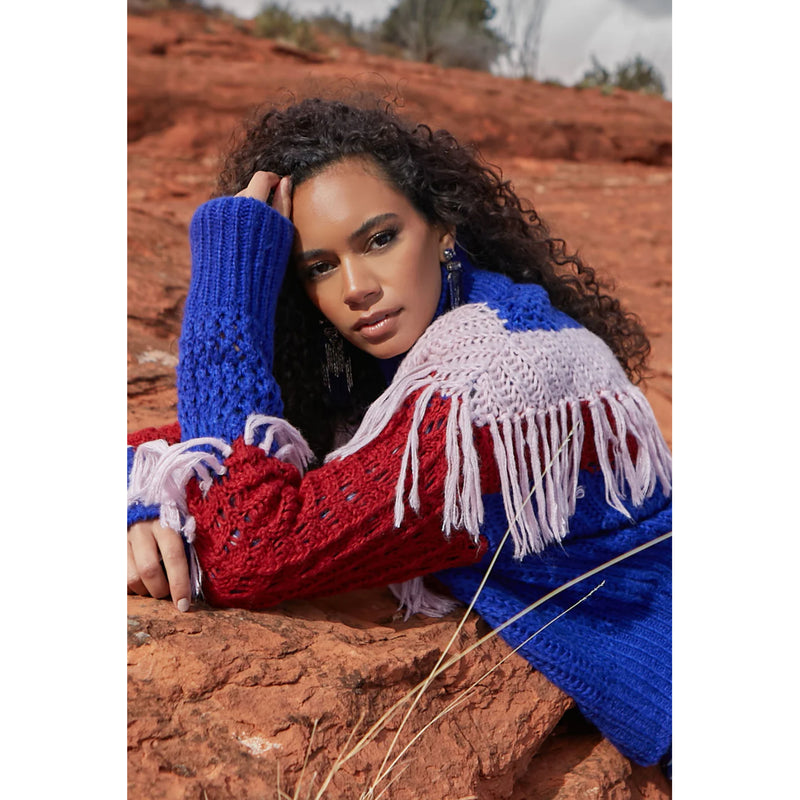 Allison New York Petra Fringe Sweater in Cobalt/Blush