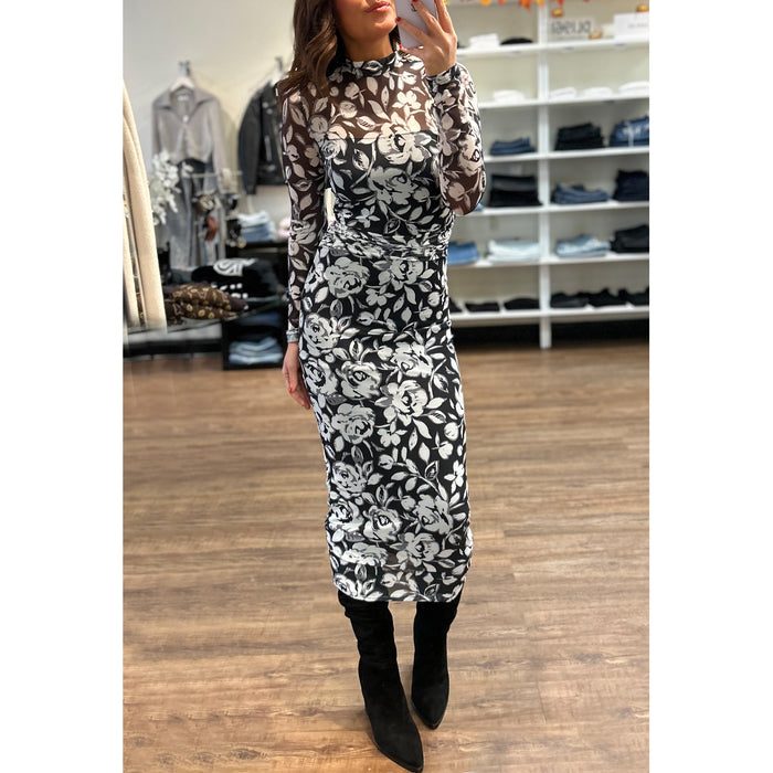 Amanda Uprichard Dominique Long Sleeve Mesh Midi Dress in Midnight Rose