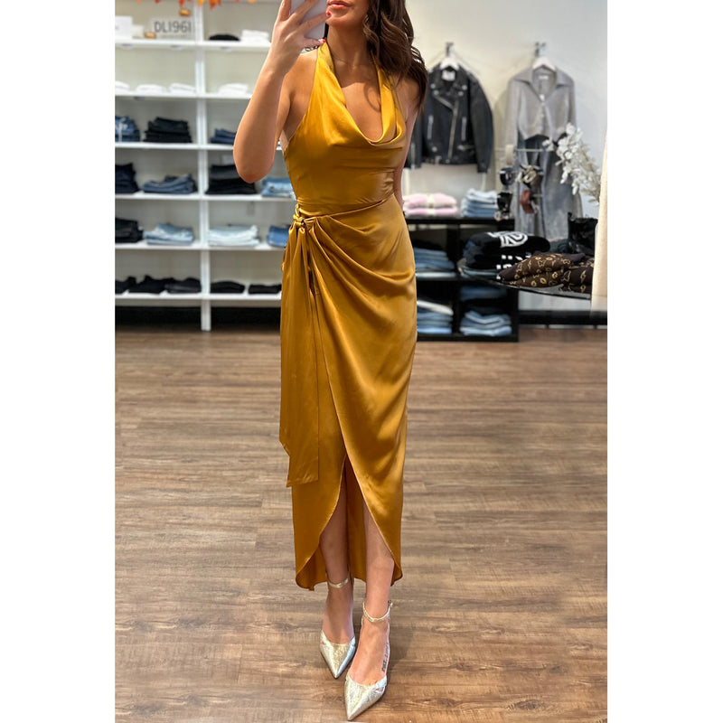 Amanda Uprichard Martine Cowl Halter Wrap Gown in Antique Bronze