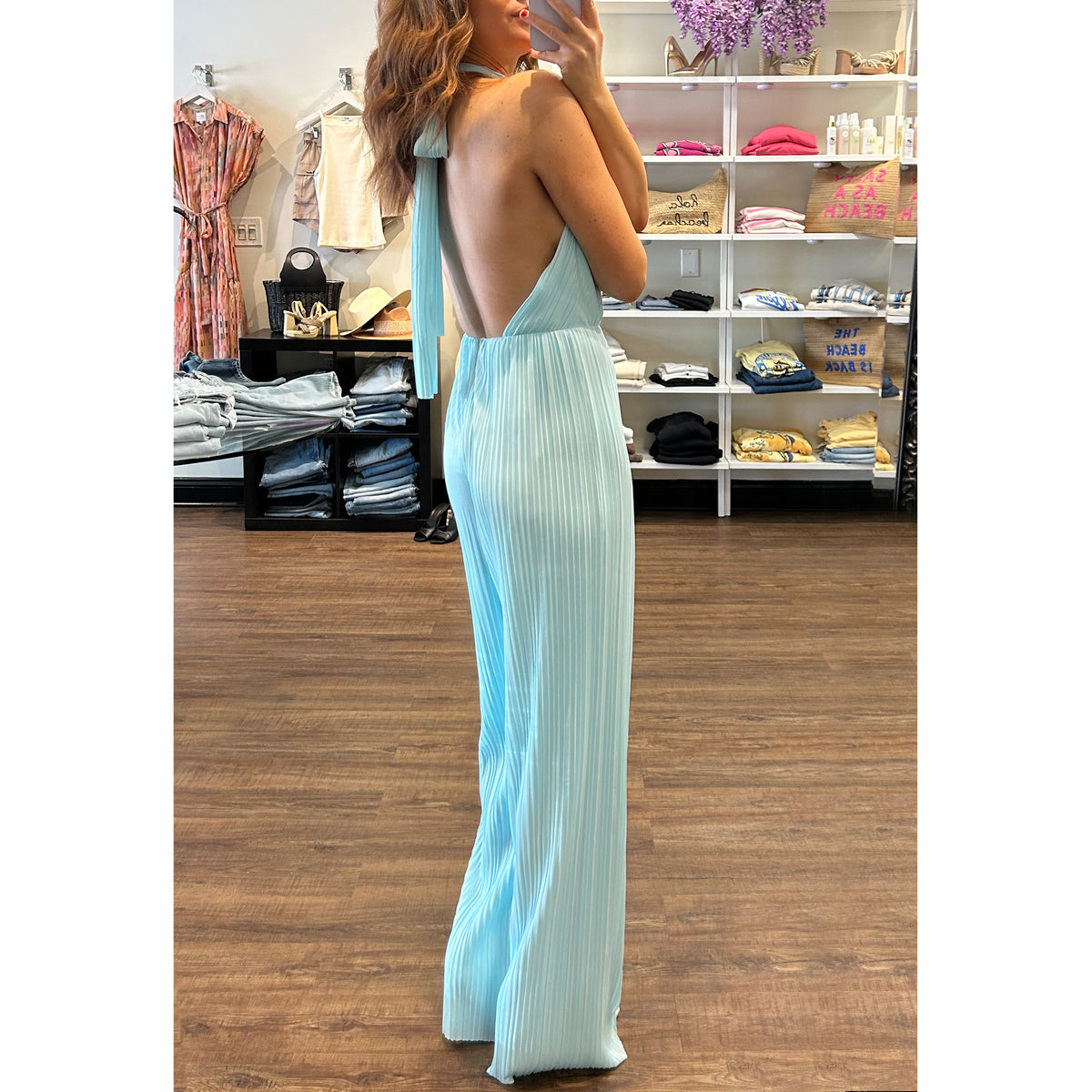 Amanda Uprichard Rivera Pleated Halter Jumpsuit in Wave