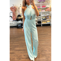 Amanda Uprichard Rivera Pleated Halter Jumpsuit in Wave