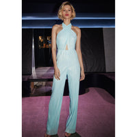 Amanda Uprichard Rivera Pleated Halter Jumpsuit in Wave