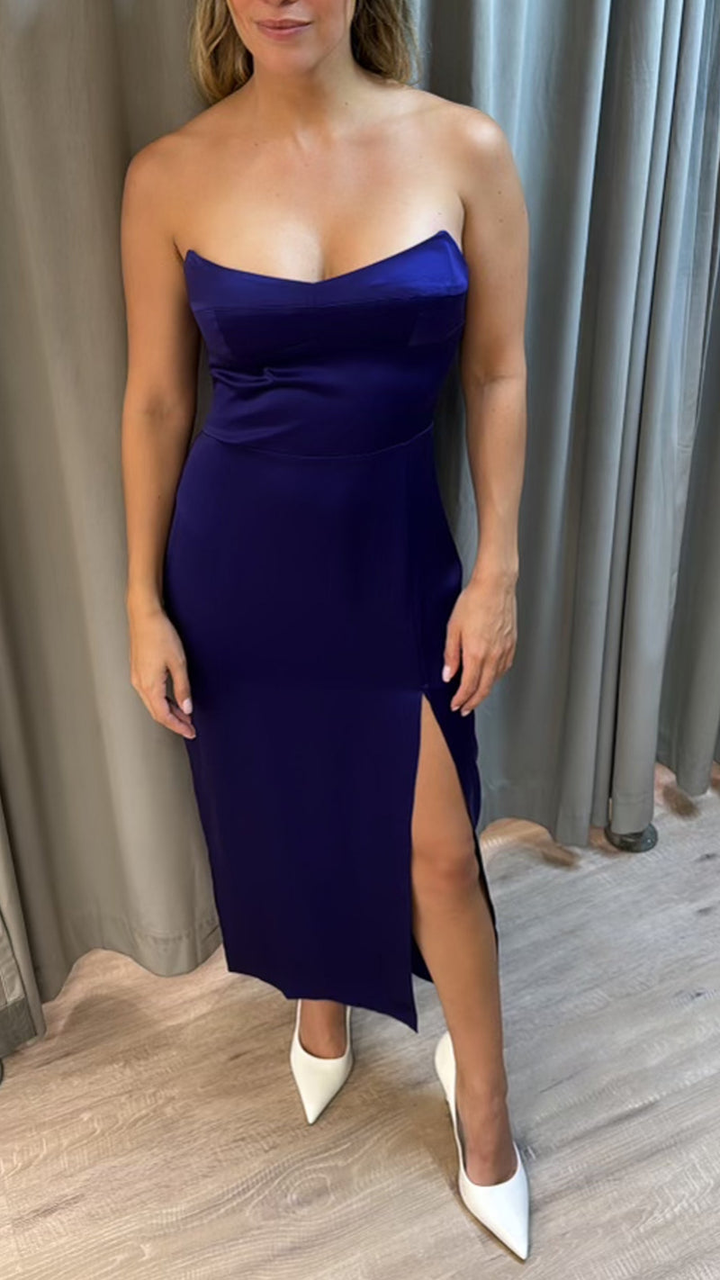 Amanda Uprichard Ivy Strapless Midi Dress in Blueberry
