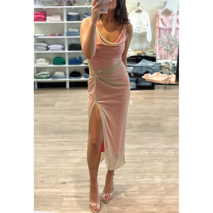 Amanda Uprichard Aliana Mesh Midi Dress in Tan/Hot Pink