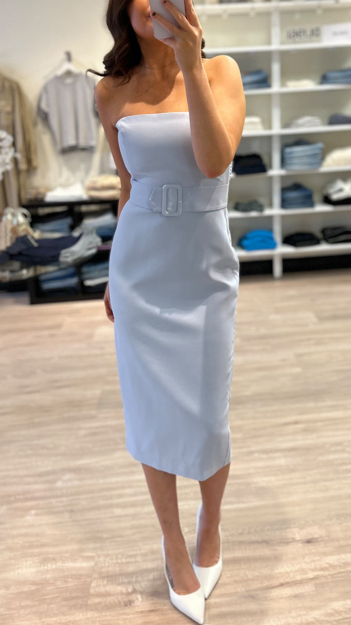 Amanda Uprichard Fae Strapless Belted Midi Dress in Light Blue