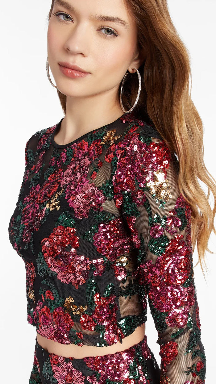 Amanda Uprichard Costella Sequin Top in Noir Dahlia Floral