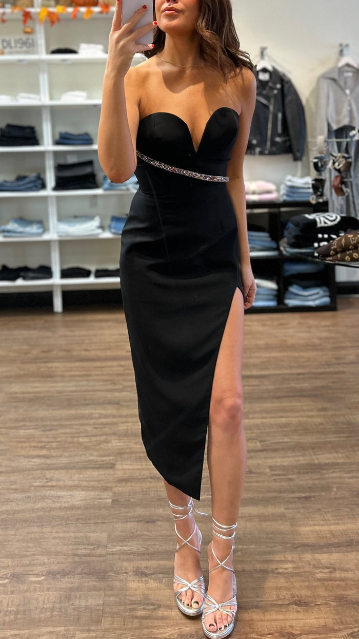 Amanda Uprichard Soiree Crystal Strapless Midi Dress in Black