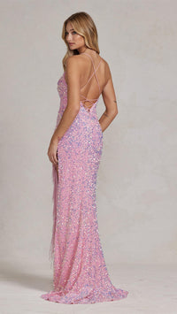 Sequin Gown with Fringe Slit in Pink