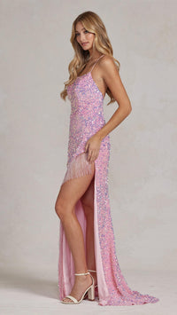 Sequin Gown with Fringe Slit in Pink