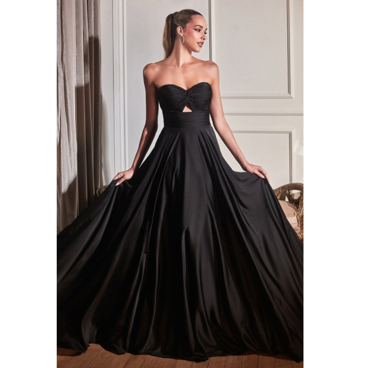 CD Strapless A-Line Satin Keyhole Gown in Black