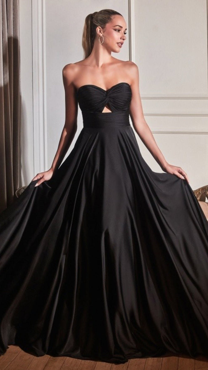 CD Strapless A-Line Satin Keyhole Gown in Black