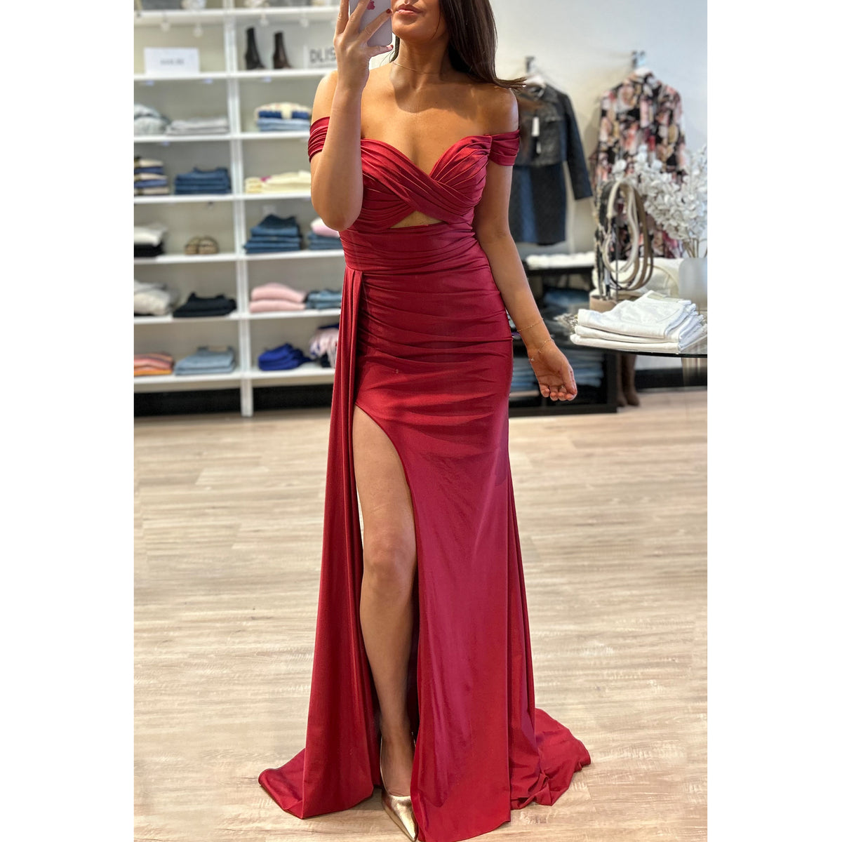CD Off the Shoulder Fitted Stretch Gown in Deep Red